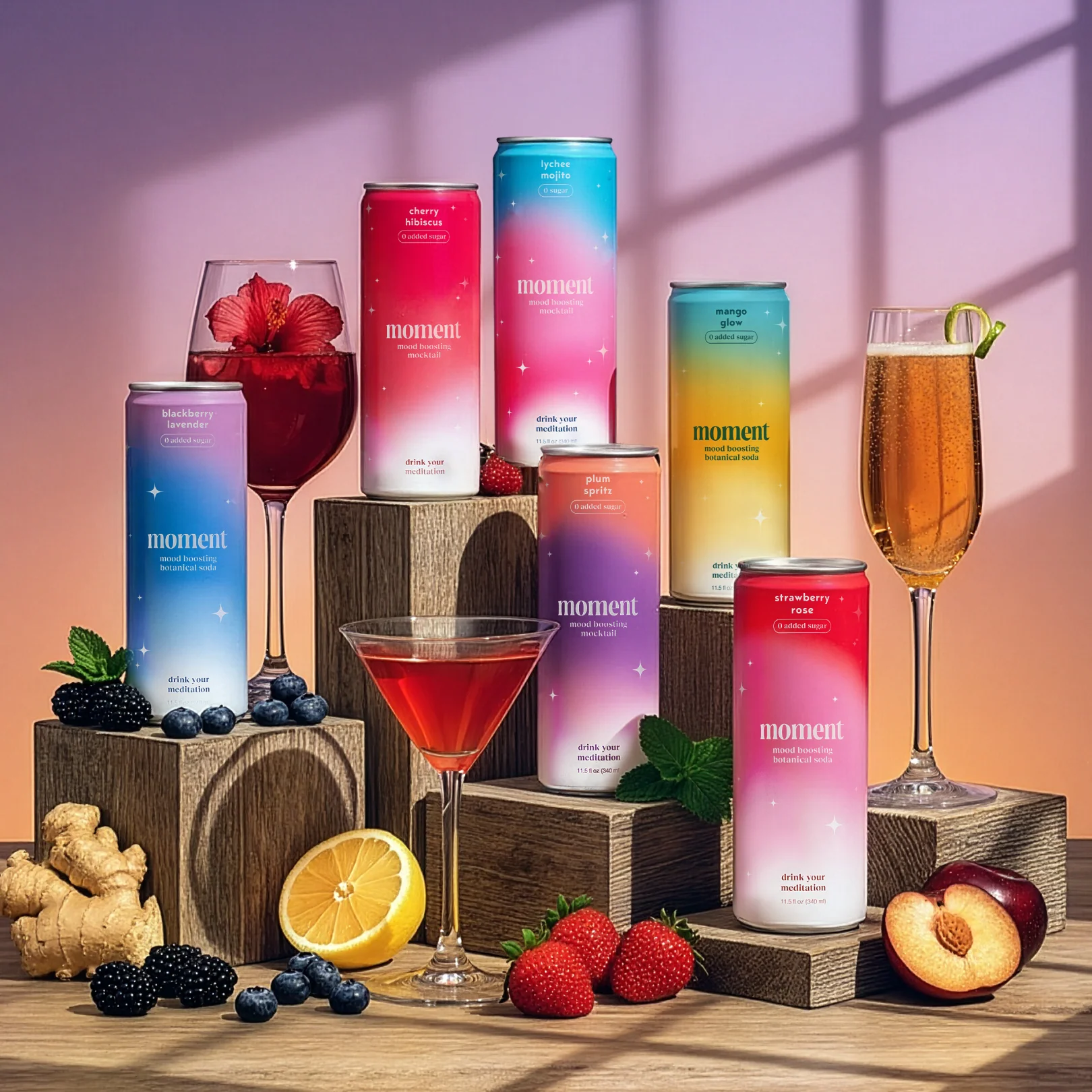 Moment botanical drink cans and mocktail-style beverages